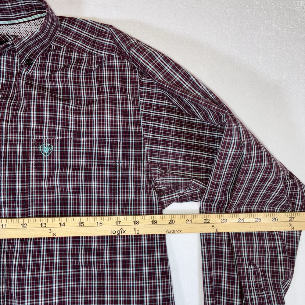 Ariat Pro Series Shirt Mens Small Burgundy Teal Plaid Long Sleeve Western Button - Picture 9 of 11